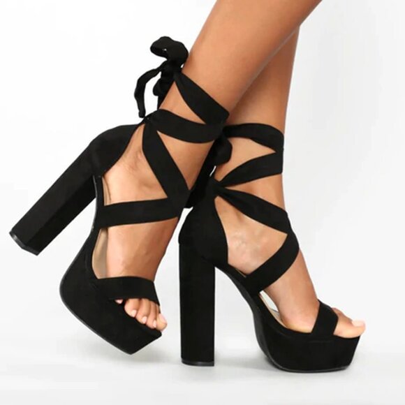 Fashion Nova Black Plot Twist Strappy Tie Sexy Block Heel Platform Heels Shoes - Picture 1 of 11